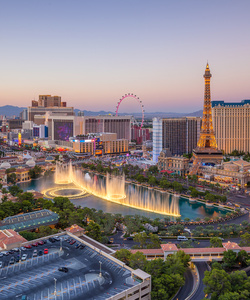 Aerial view of Las Vegas strip in Nevada, including Bellagio's fountains