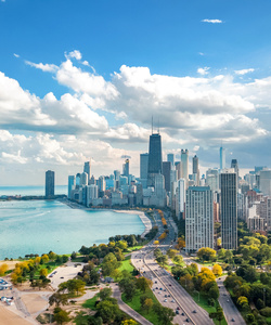 Aerial view of the Chicago Skyline and Lake Michigan.