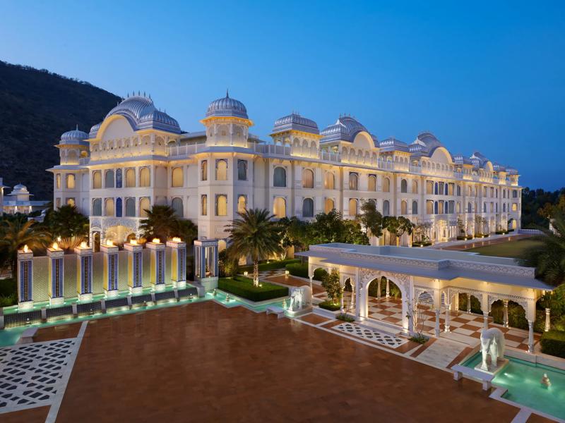 The Leela Palace Jaipur exterior featuring traditional Rajasthani palace architecture with ornate details